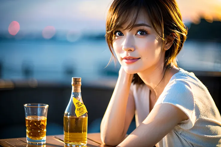 (Realistic, 超Realistic:1.4), 16k hdr, High resolution,Brown short hair,The best smile、Japanese actress,Super Beauty(Like the real thing),Short sleeve dress,Whiskey bottles、The Macallan、Johnnie Walker、、Old Parr、whiskey、Suntory、nikka、Slim Couple、Model Couple...