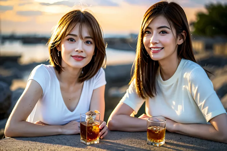 (Realistic, 超Realistic:1.4), 16k hdr, High resolution,Brown short hair,The best smile、Japanese actress,Super Beauty(Like the real thing),Short sleeve dress,Whiskey bottles、The Macallan、Johnnie Walker、、Old Parr、whiskey、Suntory、nikka、Slim Couple、Model Couple...
