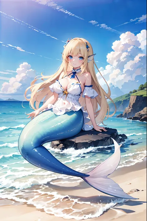 (masterpiece, best quality),a young girl,mermaid,large breasts,head fin,long blond hair,blue eyes,bangs,silky hair,sweet smile,b...