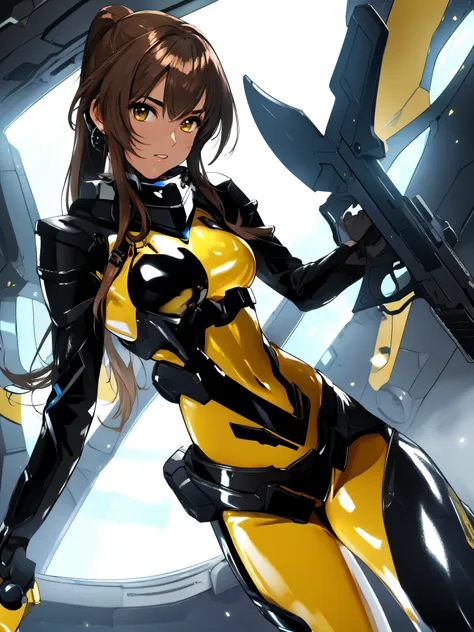 high quality, extremely detailed, perfect face, sharp face, angular face, full lips, Quna, extremely long ponytail, brown hair, brown eyes, ((brown skin, dark skin)), ((yellow latex zelsius bodysuit)), black armor, ((extremely glossy)), cyberwear, earpiece...