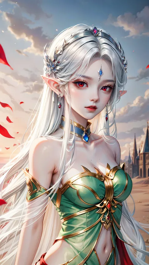 (best quality) (masterpiece ) Perfect face，Elf Princess，Silver long hair，Red eyes