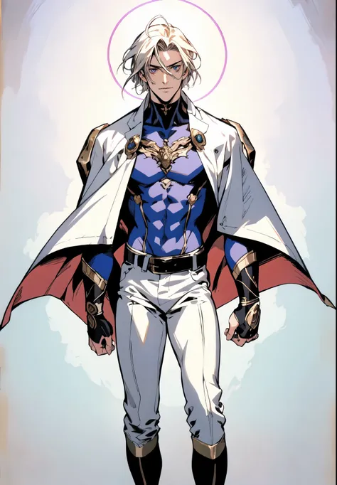 (masterpiece:1.2, best quality:1.2, extremely delicate:1.2), ((male:1.5)), a man with short tousled black mixed blonde hair, middle-parted bangs, a playful gaze, a relaxed expression, an androgynously handsome face, scars on his forehead and face, a fit an...