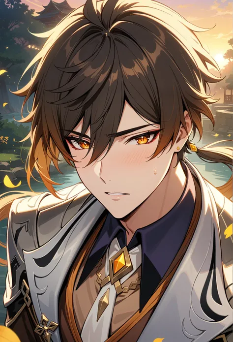 Masterpiece,very aesthetic,1boy((,zhongli)),solo,long hair in low ponytail,yellow gold eyes,male_focus,mature male,face_focus,portrait,waist up,narrow_waist,blushing,aroused,orgasm,turned on,hot,sweating
BREAK
illustrated by (guweiz:0.5) and (dsmile:0.35...