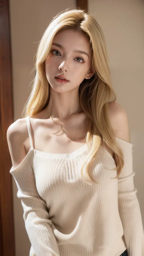 1Girl 1, alone, Long hair, midsize , looking down at viewer, blond hair, bare shoulders, brown eyes, jewellery, full entire body, necklace, off shoulders, pullover, lips, realisti, nose, flirting with the camera