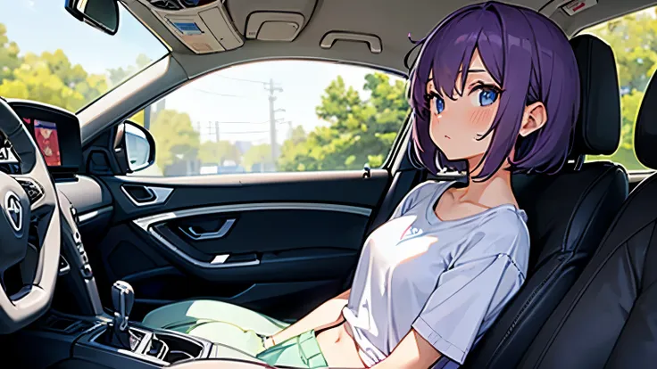 a 2 girl (Whole body), short purple hair, blue eyes, He is wearing a white t-shirt and green sports pants.,  She is blushing while sitting in the passenger seat of a car.