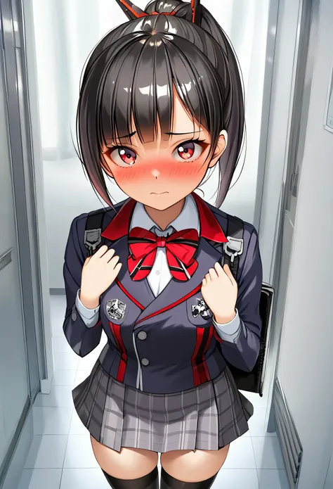 perfect face、perfect hands、name him, black hair, red eyes, ponytail, bangs, plaid skirt, school uniform, jacket, thighhighs, bow...