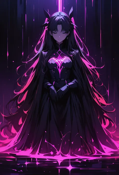 rin tohsaka，(masterpiece, best quality:1.2), black light art，1 girl, solitary，chest