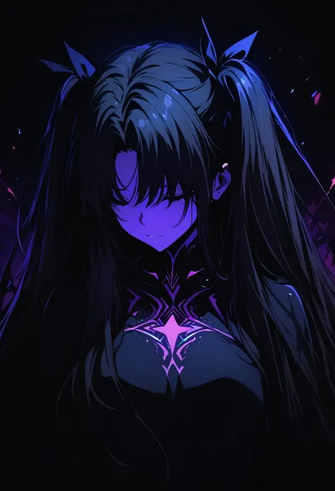 rin tohsaka，(masterpiece, best quality:1.2), black light art，1 girl, solitary，chest