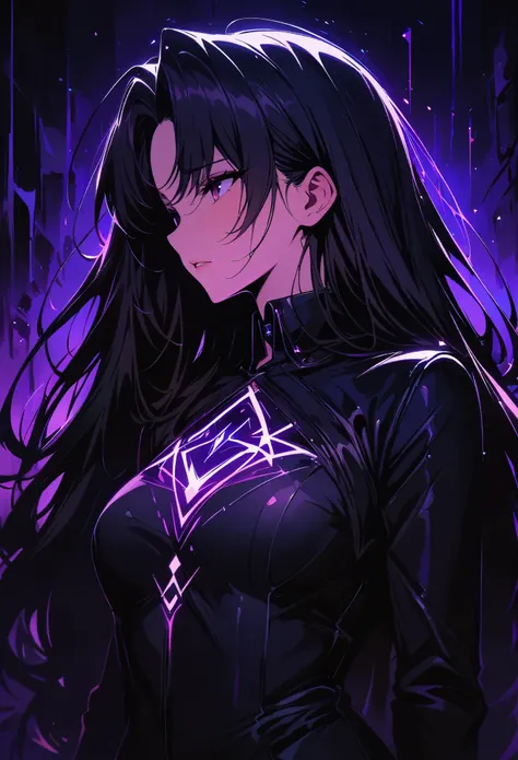 rin tohsaka，(masterpiece, best quality:1.2), black light art，1 girl, solitary，chest