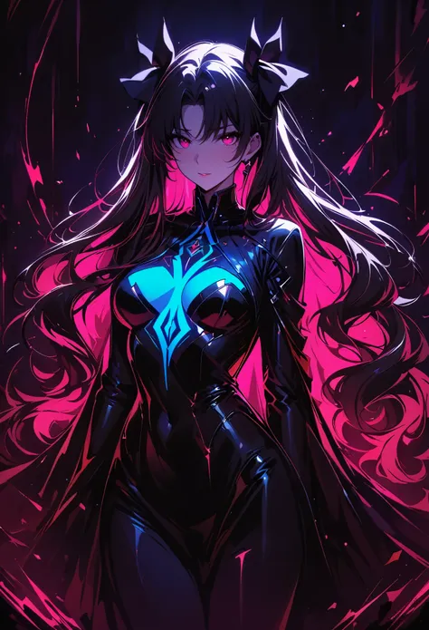 rin tohsaka，(masterpiece, best quality:1.2), black light art，1 girl, solitary，chest，crimson