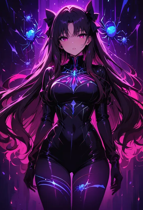 rin tohsaka，(masterpiece, best quality:1.2), black light art，1 girl, solitary，，chest，tights，tights