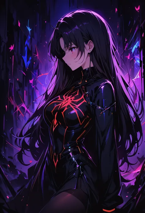 rin tohsaka，(masterpiece, best quality:1.2), black light art，1 girl, solitary，，chest，tights，tights