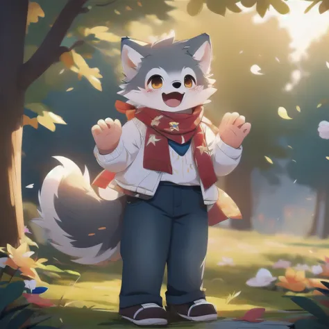 Silver Wolf, boy, cuteness, blush, happy expression, red scarf, jacket, jeans, 