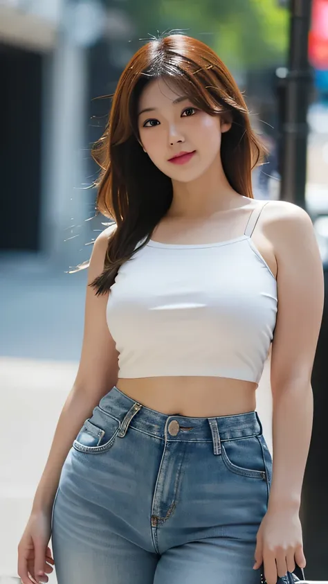 high quality, high detailed, 4k resolution, japanese girl, gorgeous face, wearing croptop and really short capris, huge beeast, ...