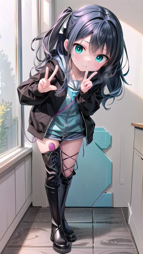 anime girl with black hair and green eyes making a peace sign, goshintai, anime girl with teal hair, anime style 4k, anime cute ...