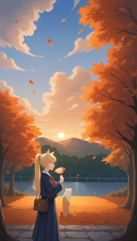 Masterpiece, 4K, bokeh, (School uniform:1.3), (Bright Blonde hair:1.6), (ponytail:1.2), (Blushed face:1.3), (Plump breast:1.2), (Cat ears:1.3),(From Side:1.8),
A beautiful woman standing in a serene autumn landscape,
(Shes looking at us, holding a origin...