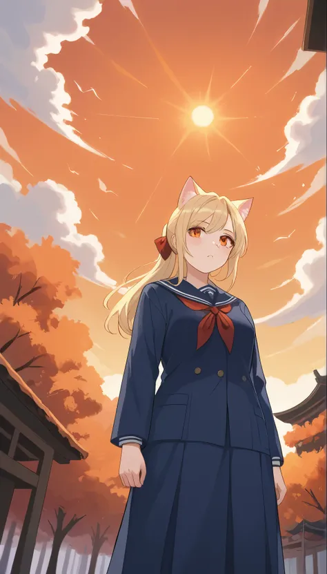 Masterpiece, 4K, bokeh, (School uniform:1.3), (Bright Blonde hair:1.6), (ponytail:1.2), (Blushed face:1.3), (Plump breast:1.2), (Cat ears:1.3),(From below:1.8), (clseup:1.4),
A beautiful woman standing in a serene autumn landscape,
(Shes looking at us, ...