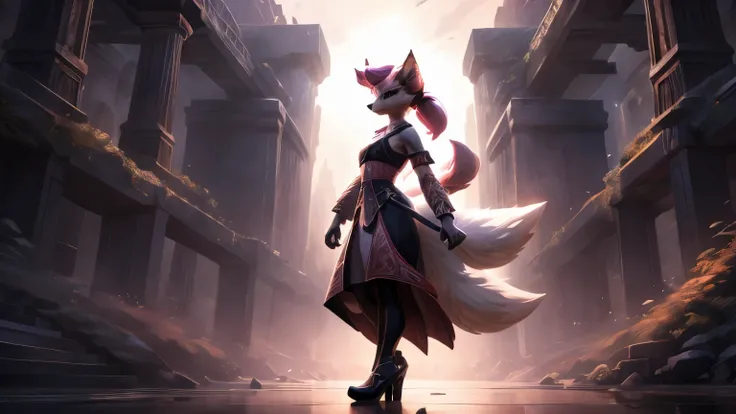 kimiko, furry female anthro, fox girl, white body fur, pink hair, multiple tails, solo, short ponytail, scar on the eye, large elegant dress, serious face, elegant shoes, elegant pose, dark ruins of a fantastic dungeon, digital art, volumetric lighting, mo...