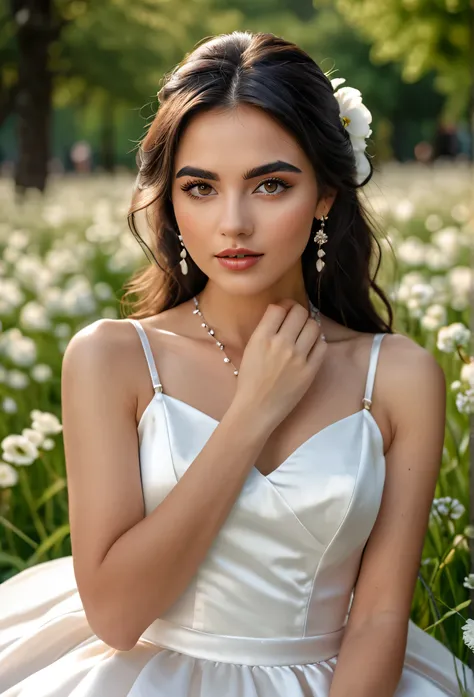 Realistic photo of the upper body of a black haired flower young woman aged 23 with long hair, beautiful face and ready for a kiss. flower in hair, necklace, She look at the camera in a long A-line dress with straps made of shiny white Satin..., Park,Glamo...