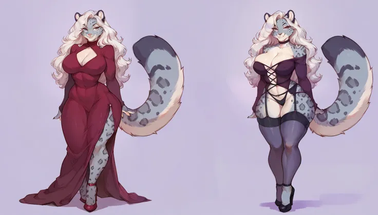 (solo) female anthro snow leopard, long fluffy hair, snow leopard, big breasts, attractive, peasant dress, garter belt tights fit body, snow leopard tail,, thicc, freckles, freckles on face, smug eyes, (mad expression), she is standing look to the viewer ,...