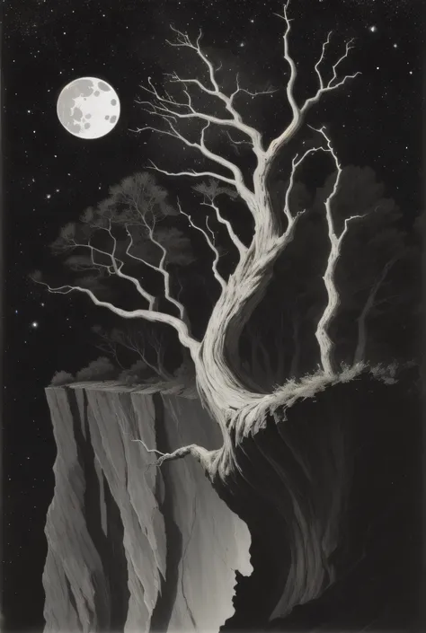 on the edge of the cliff, looking at a large tree with twisted and dry branches, a dark night sky without stars, a waning moon.