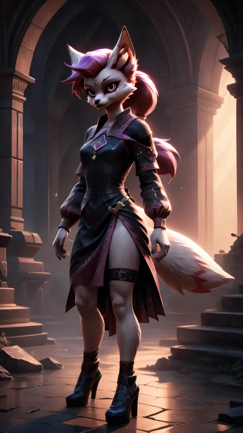 kimiko, furry female anthro, fox girl, white body fur, pink hair, multiple tails, solo, short ponytail, scar on the eye, large elegant dress, serious face, elegant shoes, elegant pose, dark ruins of a fantastic dungeon, digital art, volumetric lighting, mo...