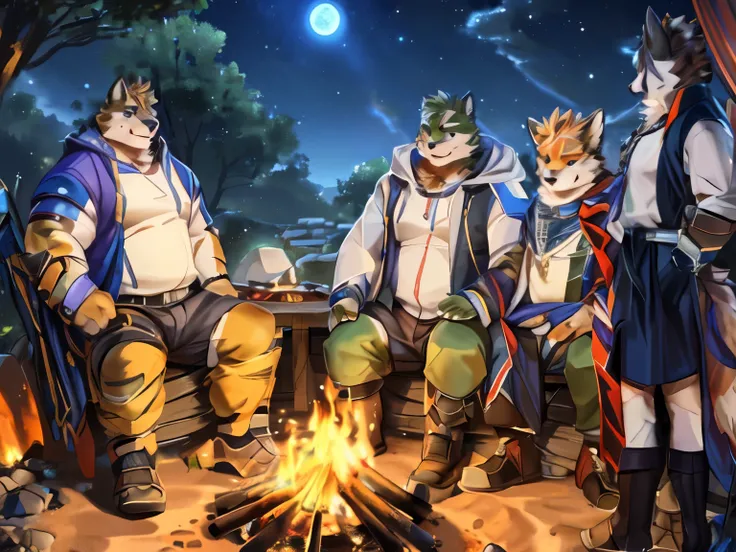 three anime characters sitting around a campfire at night, furry fantasy art, furry convention, furry anime, furry art!!!, furry art, campfire background, sfw version, fursona art, very very beautiful furry art, anthro art, at a campfire at night, backgrou...