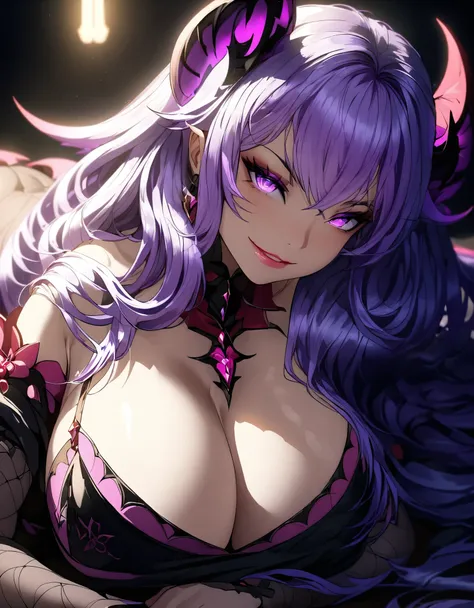 portrait of an anime succubus, 8K dslr quality, tall and curvy body with big boobs, she has long purple hairs cascading under light, lying on her stomach, propped up on her elbows, gazing directly at the viewer, she has big luscious lips with a seductive s...