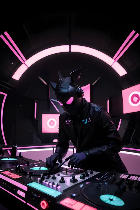 Create a logo for an electronic music DJ using the provided image as inspiration. The logo should incorporate the silhouette of a stylized, futuristic mask that is present in the image. The mask has a sleek and minimalist design with sharp angles and smoot...