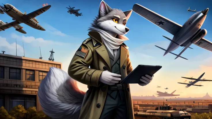 ((best quality)), ((masterpiece)), (detailed), 1boy, trench coat, full body, anthro, one eye bandaged, orange eye, rexouium, army shoes, holding a tablet, fluffy, big fluffy tail, planes in background, war background, fur, grey and white fur,