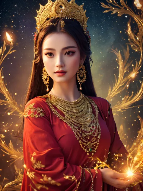 Highest quality　masterpiece　detailed　A very beautiful woman is the reincarnation of Buddha and is dressed in gorgeous clothing　Photo style　Fantasy　Dramatic Production