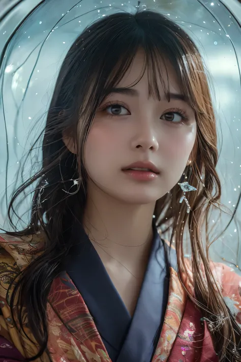 Vibrant kimono-clad beauty poses in front of a serene garden backdrop, with sharp focus on her stunning features. Her porcelain doll-like skin glistens under soft, natural lighting. Intricately detailed eyes sparkle like diamonds, framed by lush lashes and...