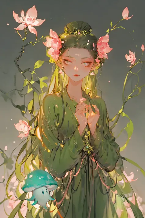 girl, Green Hair, Long hair, Green Dress, , Fungi, In the glowing cave