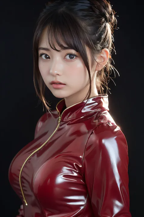 128k female models, Huge breasts, eyes, ((random short hair style)), High resolution, Upper body, No background, Studio Lightning, ((A high resolution,
1 beautiful young woman,latex
（Soft saturation：1.3）, （Fair skin：1.2）,
Wear red clothes,
85mmレンズ,f/8.0,
b...