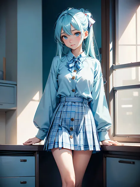 Highest quality、delicate、Hatsune Miku　(Highest quality, Anime artwork, Anime Style, Studio Anime, Very detailed, Anime Coloring, High Contrast, masterpiece, Highest quality, Best aesthetics)、cute school uniform,
outerwear is (dark navy cotton cardigan), cl...