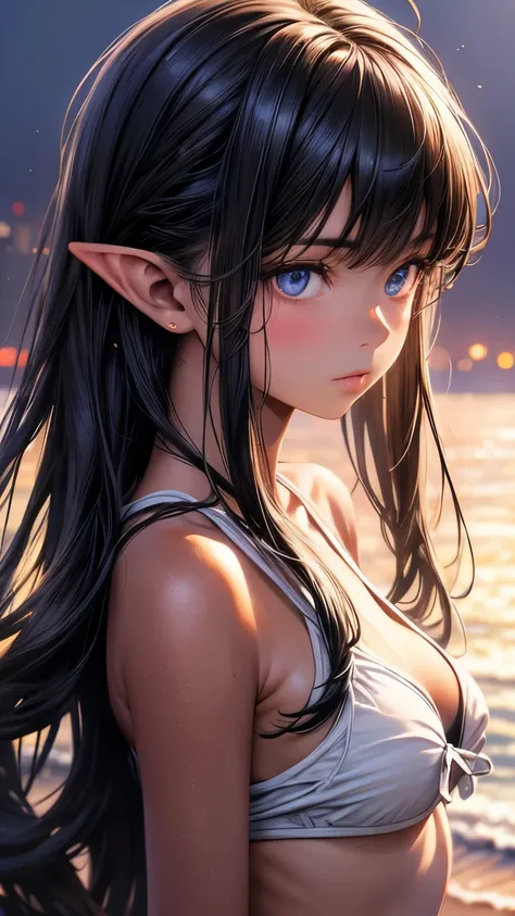 a beautiful anime girl with long black hair, blue eyes, pointy ears, timid expression, small breasts, outdoors, dark skin, seaside, swimtan, one-piece tan, tanline, tan, bikini, full body, belly, swimsuit tan, (best quality,4k,8k,highres,masterpiece:1.2),u...