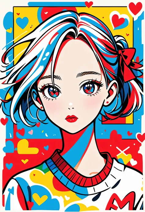 The hyper-realistic, colorful style of Keith Haring, Simple line initials，Abstract art，(((The most beautiful girl of all time))), Cute Face. Lips in Love, Colorful Hearts, Stylish design, Sports Fashion, Dark Eyes, (((Holiday Afternoon))), (((Cute amoeba))...