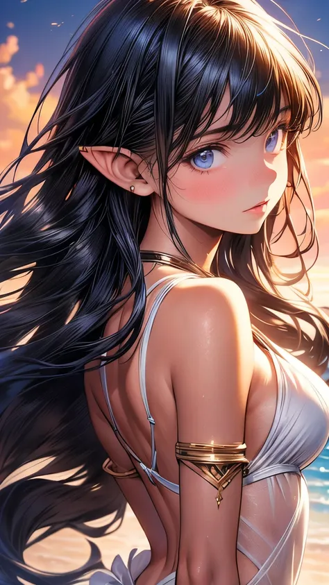 a beautiful anime girl with long black hair, blue eyes, pointy ears, timid expression, small breasts, outdoors, seaside, swimtan, one-piece tan, tanline, tan, bikini, full body, from back, belly, swimsuit tan, (best quality,4k,8k,highres,masterpiece:1.2),u...