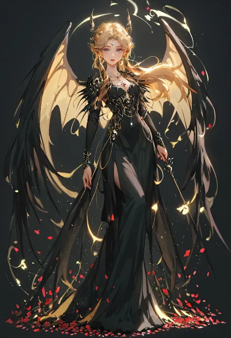 1 full-length portrait of a girl, angelicales, Devil Wings, Gorgeous long dress, Stand on both feet, (((solo))), Clear facial features, simple line design, ((Pure black background)), Tarot card design, Character portrait, ((Flat coating)), (tmasterpiece，Hi...