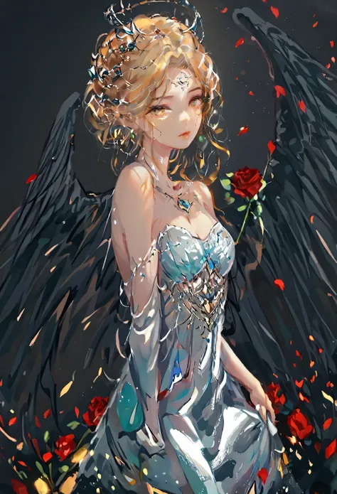 1 full-length portrait of a girl, angelicales, Devil Wings, Gorgeous long dress, Stand on both feet, (((solo))), Clear facial features, simple line design, ((Pure black background)), Tarot card design, Character portrait, ((Flat coating)), (tmasterpiece，Hi...