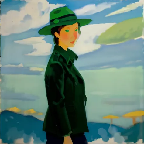 a woman in a green jacket under the blue sky、