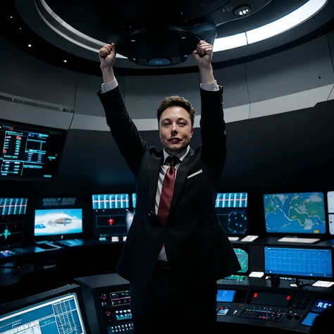 An enthusiastic and excited Elon Musk, wearing a suit, is standing in a control room during a SpaceX rocket testing project. He has both hands raised in the air with fists clenched in a victorious gesture. The control room is filled with monitors displayin...