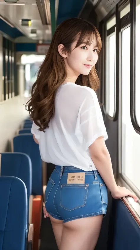 photo-realistic image quality、japan railways、japanese trains、(very short pants、oversized hot pants:1.3)、(denim fabric hot pants)...