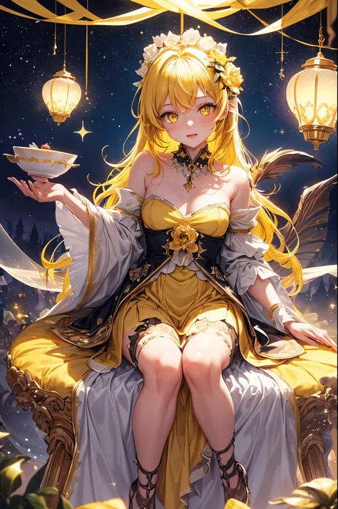 ((Fancy outfits)),((Highest quality)), ((masterpiece)), (detailed), ((Shiny and glittering fantasy ornaments)),(Yellow hair color:1.5)、(Yellow Eyes:1.3),Rin々New eyes、(Baby Face)(Sparkling eyes:1.3),One girl, (Large Breasts:0.8)"Generate an anime-style scen...