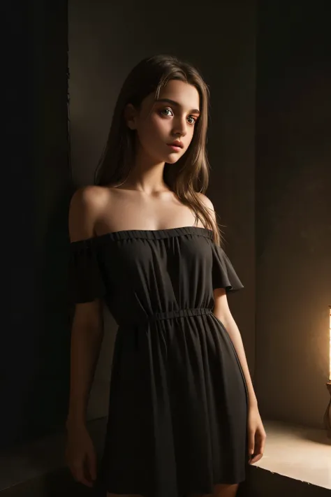 12y.o. eleonora girl ,full body, professional, photoshoot Best quality, masterpiece, ultra high res, (photorealistic:1.4), raw photo, 1girl, offshoulder, in the dark, deep shadow, low key, cold light, detailed skin, casual dress