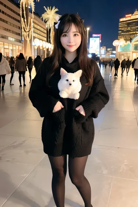 ulzzang-6500-v1.1, (RAW Photos:1.2), (Photorealistic), Beautiful detailed girl, (Genuine: 1.4), Very detailed目と顔, ((Eye Winter Sweater、Super Realistic Black Tights))、((Illumination plaza at night:1.2)), Selfie, Instagram、Large file size, High resolution, V...