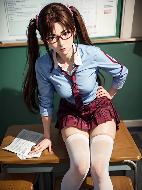 ((fall on ones butt with open legs:1.2, She shyly holds down her skirt:1.2, Embarrassed look)), Lucky Happenings, ((In the classroom)), 
BREAK. 
1girl, Mari Makinami, blue big eyes, brown hair, thick red rimmed glasses, headband, twintails, dress shirt, pl...