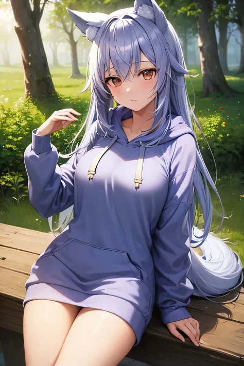 ((Highest quality)), ((masterpiece)), (detailed), One girl, Ice lavender hair,Wolf ears and tail, Brown Eyes, long hair, in the forest, hoodie, Date
