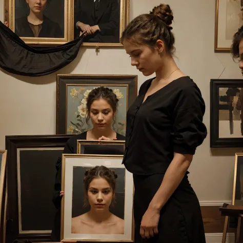 A person with their hair styled in a bun is wearing black professional attire while adjusting frames of artwork on a gallery wall. The setting is indoors with soft lighting, and the atmosphere is quiet and formal.