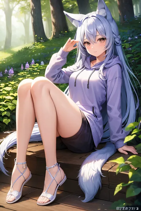 ((Highest quality)), ((masterpiece)), (detailed), One girl, Ice lavender hair,Wolf ears and tail, Brown Eyes, long hair, in the forest, hoodie, Date
